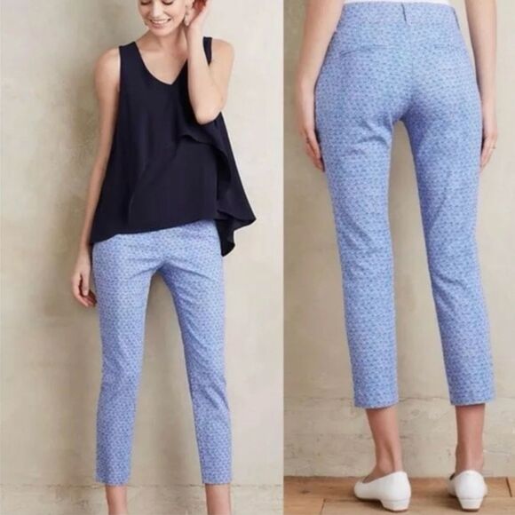 Anthropologie Cartonnier Charlie Blue Seashell Cropped Trouser Pants Size 4P - Picture 1 of 9